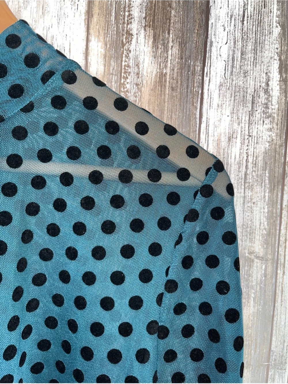 Lane Bryant Teal Velvet Polka Dot Sheer Mesh Mock Neck Top 18/20 - Picture 4 of 6